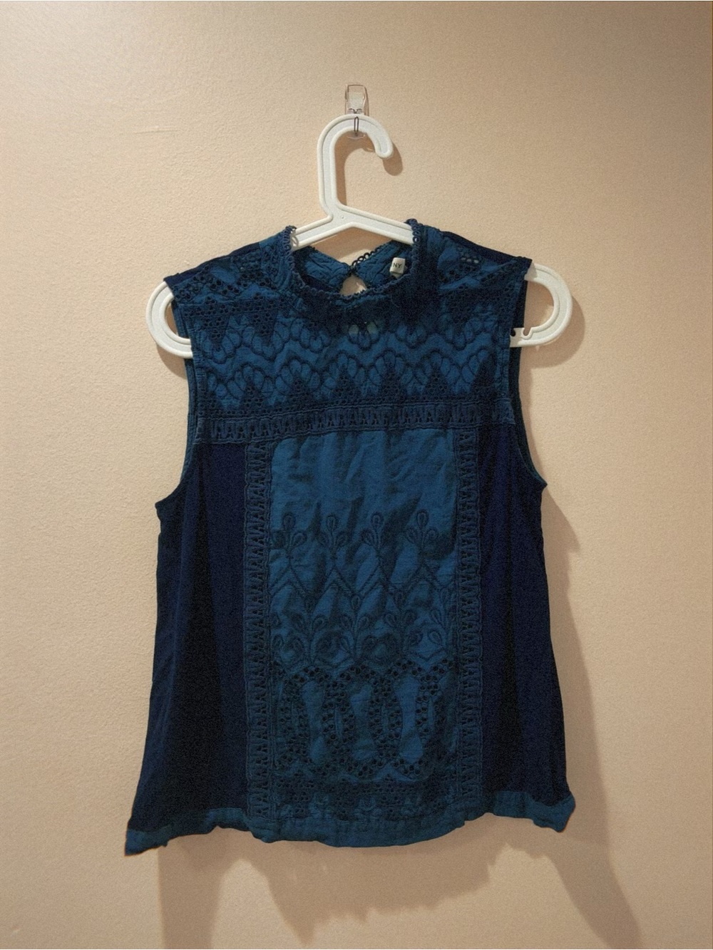 Embroidered Lace-Front Navy Sleeveless Camisole